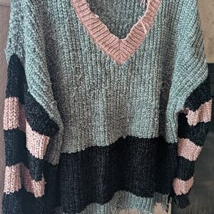 Boutique distressed V-Neck Sweater - Pink, Black, and Gray